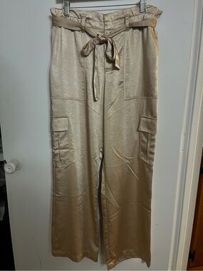 Sanctuary Cream Satin Paperbag Tie-Waist Wide Leg Cargo Pants